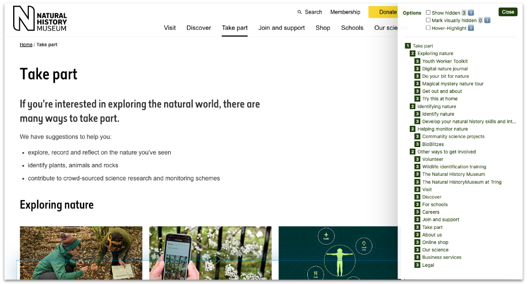 A page on the Natural History Museum's website. A headings outliner tool shows a list of the 30 headings on the page which are structured hierarchically from <h1> to <h3>